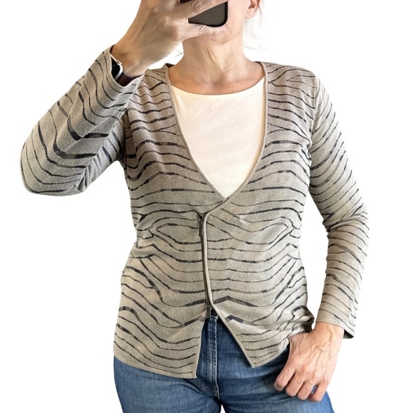 Armani Collezioni Sweaters - Armani Collezioni Asymmetrical Zip Cardigan Knit Jacket Size US 10 Gray Stripe